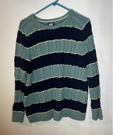 Lands End Sweater Women's Large Navy Drifter Cable Knit Stripe Nautical‎ Preppy Photo 0