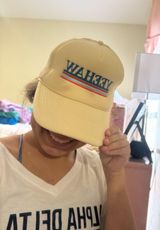 YEEHAW Embroidered Trucker Hat in Cream with Red & Blue Stripes Photo 0
