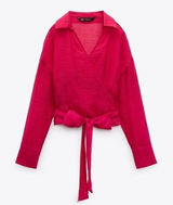 Zara Wrap Top Sz S Hot Pink Semi-Sheer Collared Ballet Fairy Feminine Blouse Photo 0