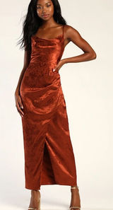 Lulu's Rust Orange Under the Moonlight Satin Jacquard Maxi Slip Dress Medium Photo 0
