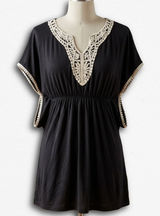 Forever‎ Black Crochet Lace V-Neck Empire Waist Boho Mini Dress Tunic Women Photo 0