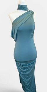 Oh Polly Sea Green One Shoulder Ruched Midi Dress | High Neck | US 2 Photo 0
