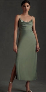 BHLDN Anthropologie Cali Satin Cowl-Neck Midi Dress in Moss Green, Size 4 Photo 0