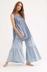 Free People Obi Posey Smocked Tank Top Striped Boho Hippie M Blue White Fringe Photo 0