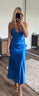 Zara maxi long satin slip blue strappy royal bodycon gown dress evening wedding Photo 0