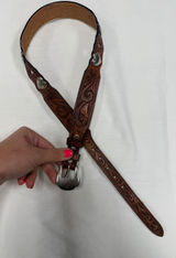 Justin Boots Vintage Justin Leather Western Belt Brown Tooled Floral Heart Conchos Size 26 Photo 0