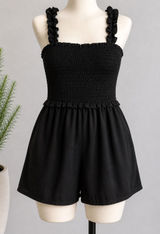 Vestique Women Black Smocked Ruffle Strap Romper Small Cottage Core Casual Chic Photo 0