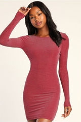 Lulus Gift of Love Red and Silver Backless Long Sleeve Bodycon Dress Photo 0