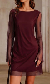 Rihoas Wine Red Boat Neck Mesh Mini Dress Photo 0