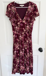 WAYF Burgundy Floral Midi Dress M V Neck Lined Boho Cottagecore‎ Photo 0