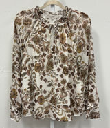 Loft Women's Paisley Floral Ruffle Neck Keyhole Blouse‎ Cream Brown Size M Photo 0