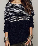 Free People Women Chunky Knit Sweater Off the Shoulders Striped Black White S Photo 0