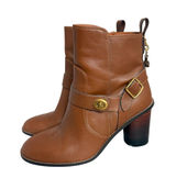Coach Saddle Tan Leather Moto Buckle Heeled Ankle Booties Biker Size 8.5 Women's Photo 0