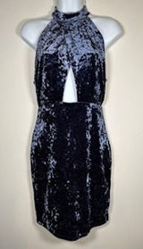 LUSH Crushed Velvet Mini Dress Small Blue Cutout Halter Mock Neck Bodycon Glam‎ Photo 0