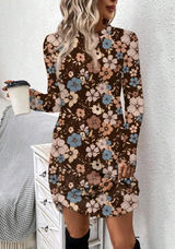 Vintage Brown Floral Long Sleeve Round Neck Dress Photo 0