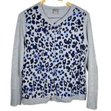 Chico's Grey Blue Leopard‎ Print Mixed Media Button Front Cardigan Sweater M Photo 0