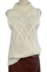 Cream Cable Knit Turtleneck Sleeveless Sweater Vest Women's Small Cozy‎ Casual Photo 0