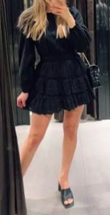 Zara Black Eyelet Embroidered Mini Dress Long Sleeve Tiered Lace LBD - Size M Photo 0