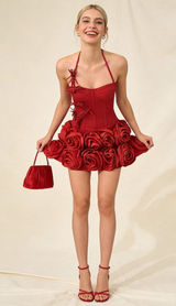 Ethan Design Halter Rose Floral Corset 2-Pieces‎ Dress in Red Small Photo 0