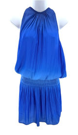 Ramy Brook Paris Sleeveless Mini Dress L Large Blue Smocked Blouson High‎ Neck Photo 0
