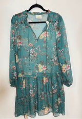 Anthropologie Maeve Emmy Teal Green Floral Printed Puff Sleeve Tunic Dress M Photo 0