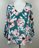Vici Blouse Top S Green‎ Floral Balloon Sleeve V-Neck High Low Feminine Photo 0