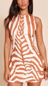 PrettyLittleThing White and Tan Zebra Print Mini Dress Photo 0