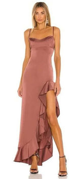 Nookie Sasha Satin Gown REVOLVE Mocha Brown Small NWT Ruffle Slit Formal Dress Photo 0