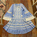 Tory Burch Light Blue Embroidered Crochet Bell Sleeve Tunic Coverup Dress Sz 6 Photo 0