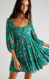 Free People Women's Green Floral Scoop-Neck Mini Dress with smocked bodice sz xs Photo 0