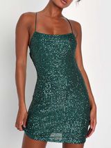 NEW Lulu’s Green Sequins Strappy Open Back Bodycon Mini Dress Womens Size Medium Photo 0