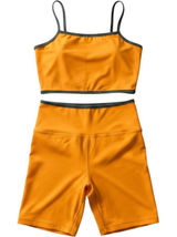 Five Dancewear Orange Blue Trim Crop Top Biker Shorts Set XXS Yoga Athletic Photo 0