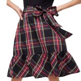 NWT J.Crew Womens Big Bow Ruffle Hem Midi Skirt Black Red Plaid Size 4 Holiday Photo 0