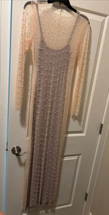 Sheer Beaded Long Sleeve Maxi Dress in Nude/Pearl Photo 0