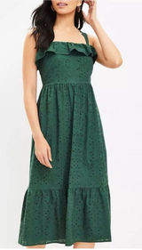 Loft Green Eyelet Ruffle Square Neck Sleeveless Cotton Midi Sundress Size 10 Photo 0