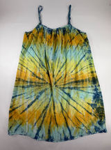 Santiki Womens XL Tie Dye Sunburst Rayon Dress Yellow Blue Green Summer Boho Photo 0