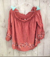 Tantrums Women Rust Terracotta Smocked Off Shoulder Embroidered Rayon Blouse L Photo 0