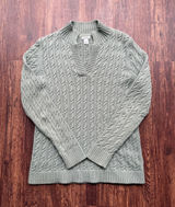 LL Bean Women’s M Sage Green Cotton Cable Knit Sweater Notch V-Neck Pullover Photo 0