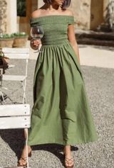 Petal & Pup Tessa Off Shoulder Midi Dress in Green Photo 0