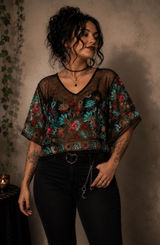 Rachel Zoe Floral Embroidered Sheer Crop Top V-Neck Boho Black Whimsical Goth Photo 0