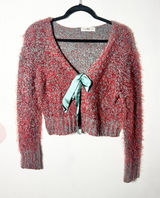 Natural Life Cardigan Sweater Women's L/XL Red Eyelash Knit Cropped Bow Photo 0