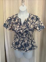 Anthropologie White Blouse with Blue Floral Print and Smocked Waist Sz: L Photo 0