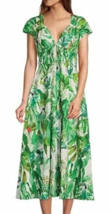 Antonio Melani Tropical Print Midi Dress Size‎ 2 Green Botanical Resort Chic Photo 0