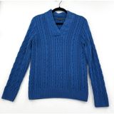 Jeanne Pierre Cable Knit Sweater Women L Blue 100% Cotton V Neck Preppy Coastal Photo 0