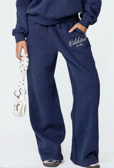 Edikted Navy Blue Wide Leg Baggy Sweatpants Logo Fleece Pants Women Large Photo 0