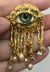Schiaparelli Inspired Surrealist Evil Eye Brooch Pearl Tassel - NEW Photo 0