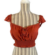 Live To Be Spoiled Rust Ruffled Tassel Tie Front Boho Crop Top Women Sz XL Photo 0