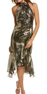 ML Monique‎ Lhuillier Dress Womens 0 Metallic Floral Silk Halter Midi 4412419 Photo 0