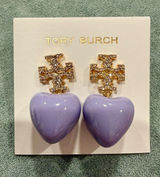 Tory Burch | Gold Plated & Crystal Logo with Lilac Heart Drop Earrings Photo 0