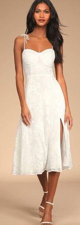 Lulus Loveliest Looks White Floral Jacquard Tie-Strap Midi Dress Medium Bridal Photo 0